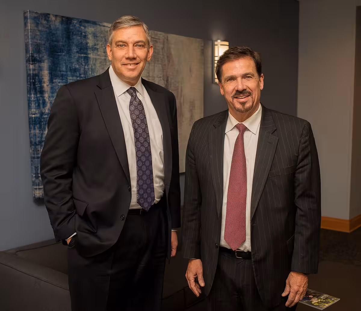 Ed Dougherty and Philip Holloway in the courtroom at their Liberty, Missouri office
